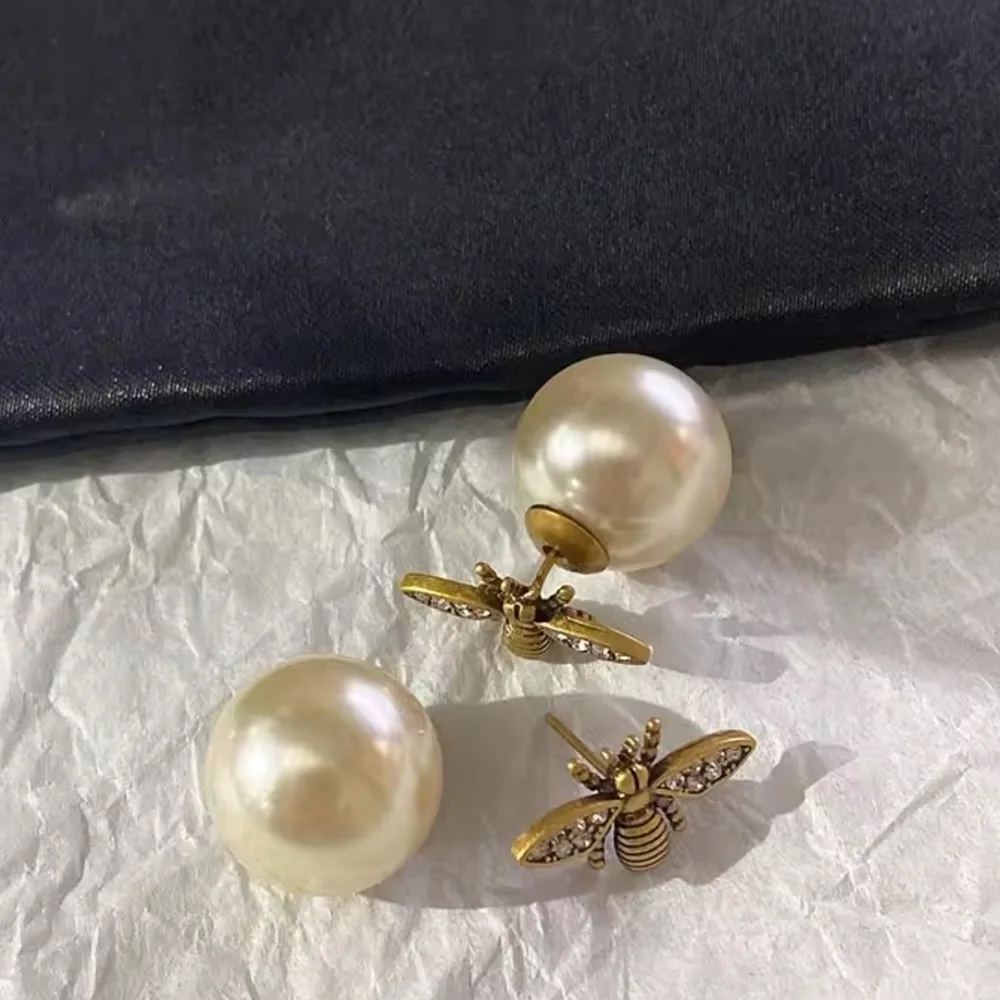 Pearl Bee Earrings in White and Gold - Picture 2 of 5